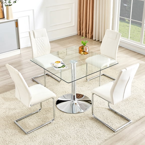 ExtraLco 5 Piece Glass Dining Table Set for 4, Square Tempered Glass Kitchen Table with White PU Leather Chairs and Chrome Base