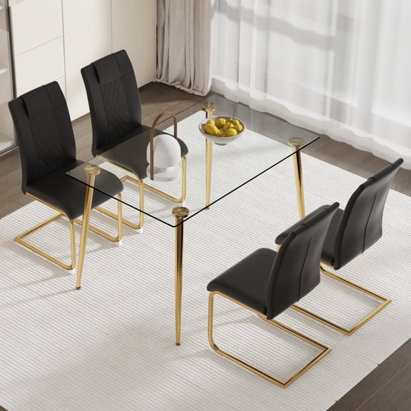 ExtraLco 5 Piece Rectangular Glass Dining Table Set for 4, Tempered Top with Gold Legs and Black PU Chairs for Kitchen