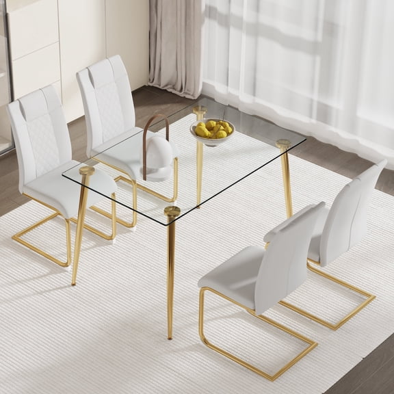 ExtraLco 5 Piece Rectangular Glass Dining Table Set for 4, Tempered Top with Gold Metal Legs and White PU Chairs for Kitchen