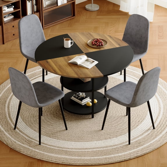 ExtraLco 5 Piece Round Dining Table Set for 4, 47.3 Inch Dining Table with Double Storage Shelf and Dark Gray Linen Chairs
