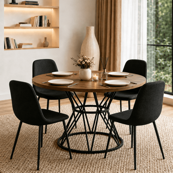 ExtraLco 5 Piece Round Dining Table Set for 4, 47" Walnut MDF Table with Black Suede Upholstered Chairs for Dining Room Kitchen
