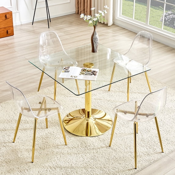 ExtraLco 5 Piece Square Glass Dining Table Set for 4, Tempered Glass Kitchen Table with Transparent Plastic Chairs and Gold Metal Base for Dining Room