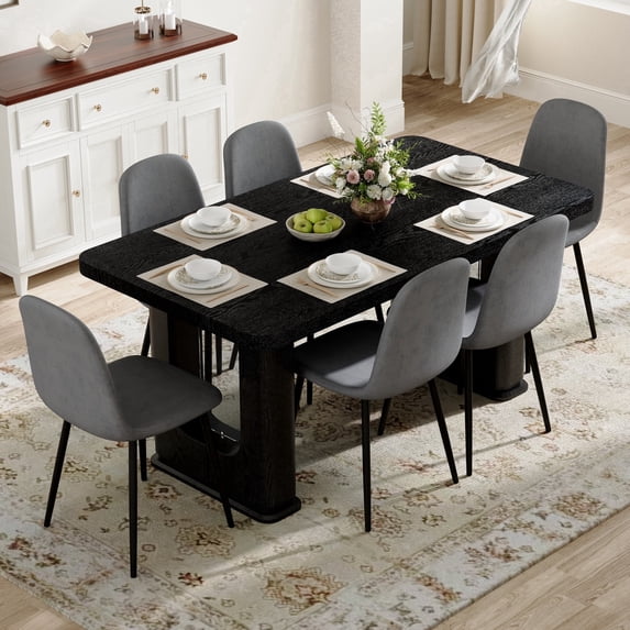 ExtraLco 7 Piece Dining Table Set for 6, Black Wood Grain Table with 6 Dark Gray Upholstered Chairs