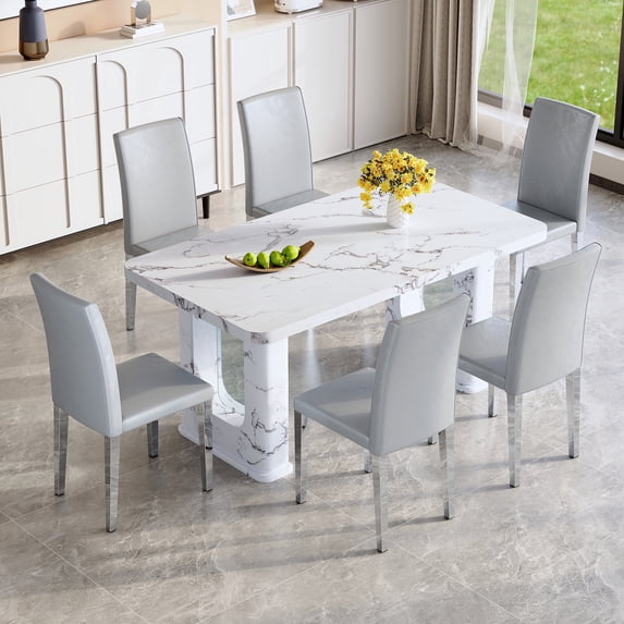 ExtraLco 7 Piece Dining Table Set for 6, White Marble Look Table with 6 Light Gray PU Chairs