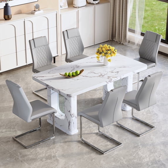 ExtraLco 7 Piece Dining Table Set for 6, White Marble Look Table with 6 Light Gray PU Chairs