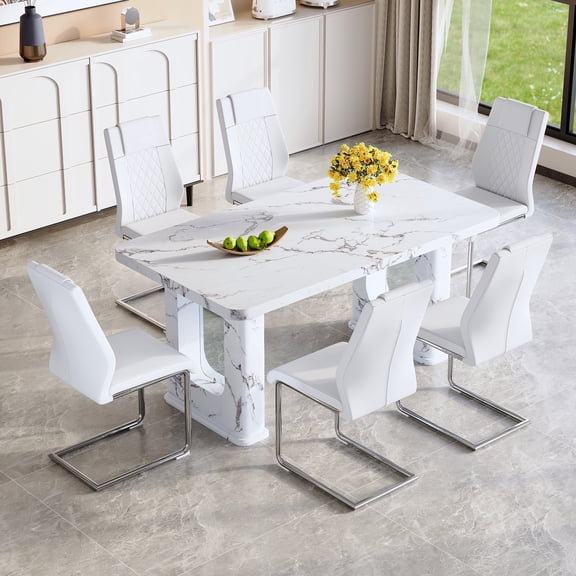 ExtraLco 7 Piece Dining Table Set for 6, White Marble Look Table with 6 White PU Chairs