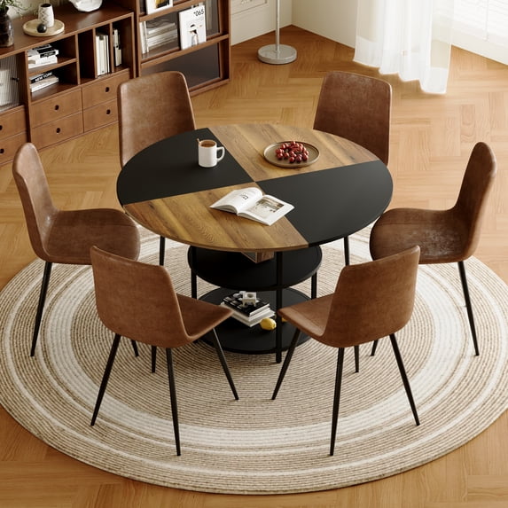 ExtraLco 7 Piece Round Dining Table Set for 6, 47.3 Inch Dining Table with 2-Tier Storage Shelf and Brown Upholstered Fabric Chairs for Dining Room Kitchen