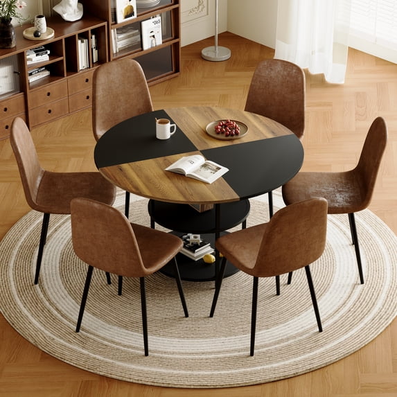 ExtraLco 7 Piece Round Dining Table Set for 6, 47.3" Wood Kitchen Table with 2-Tier Storage Shelf and 6 Brown Tech Fabric Chairs, Modern Dining Room Set for Apartment Breakfast Nook