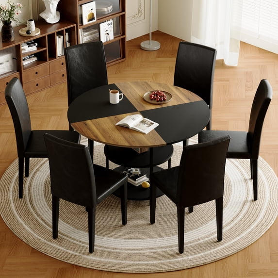 ExtraLco 7 Piece Round Dining Table Set for 6, 47.3 Inch Dining Table with Double Storage Shelf and Black PU Dining Chairs for Dining Room Kitchen