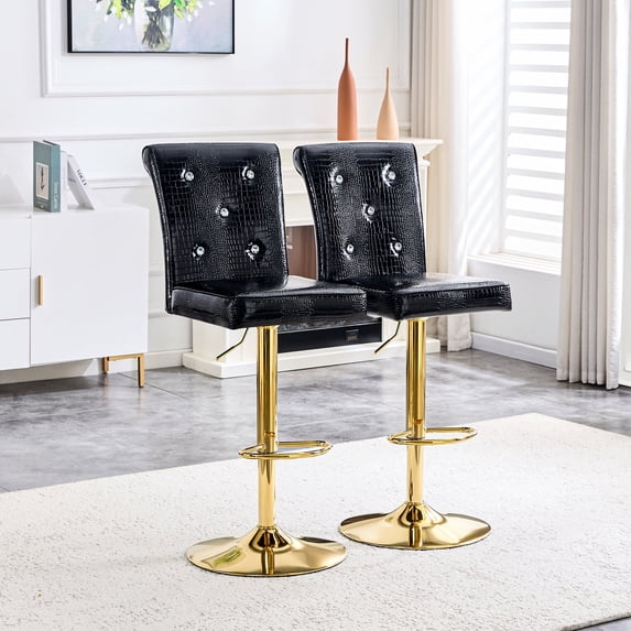 ExtraLco Bar Stools Set of 2, Adjustable Swivel Bar Stools with black Faux Crocodile Leather, Gold Base and Footrest, Modern Counter Height Chairs for Kitchen Island