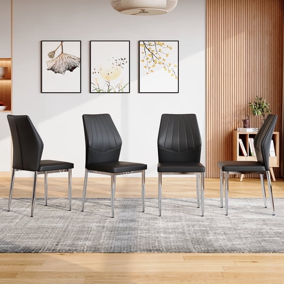 ExtraLco Black Dining Chairs Set of 4, Faux Leather Upholstered Chairs with Chrome Legs