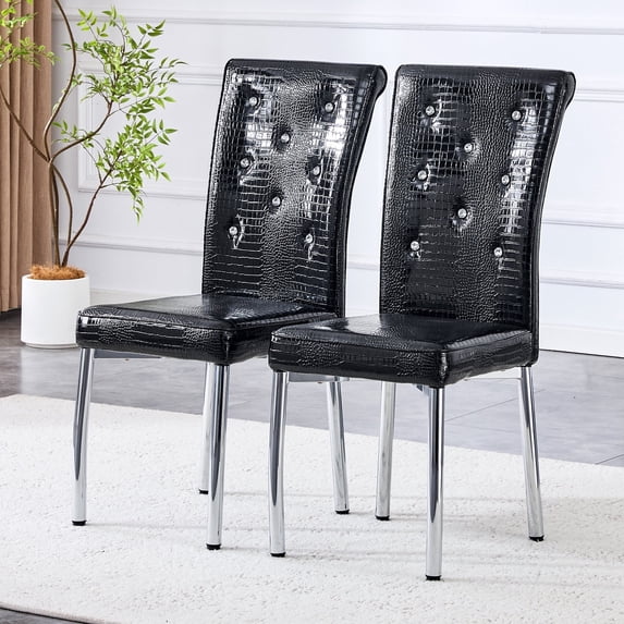 ExtraLco Dining Chairs Set of 2, Modern High Back Upholstered Dining Chairs with Black PU Leather Seat and Silver Metal Legs, Parson Kitchen Chairs for Dining Room and Restaurant