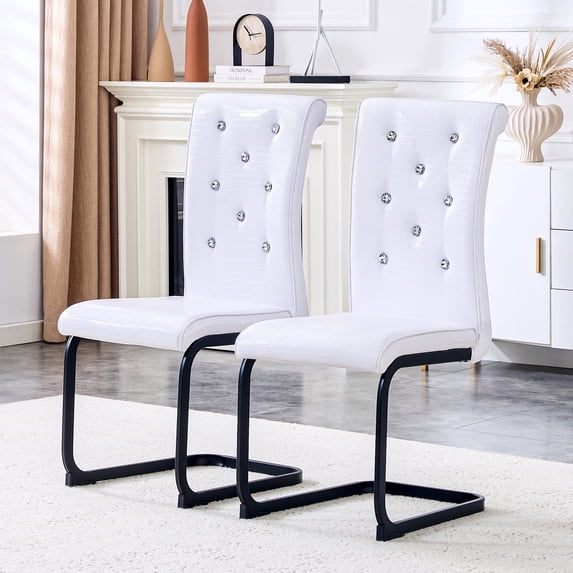 ExtraLco Dining Chairs Set of 2, Modern Upholstered Dining Chairs with White and Black Faux Leather, Crystal Button Tufting, High Back and Black Metal Legs for Dining Room and Kitchen