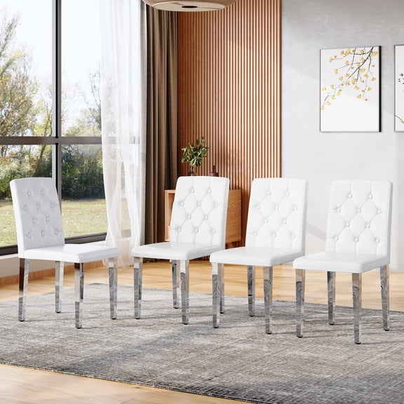 ExtraLco Dining Chairs Set of 4, White Upholstered PU Chairs with Silver Legs for Dining Room
