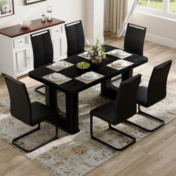 ExtraLco Dining Table Set for 6, Black Wood Grain Table with 6 PU Chairs for Kitchen Dining Room