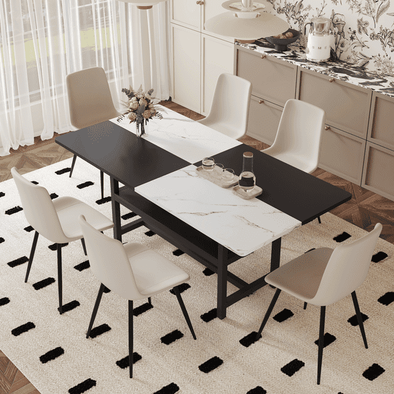 ExtraLco Dining Table Set for 6, Black and White MDF Table with Storage Shelf and 6 Upholstered Chairs for Dining Room
