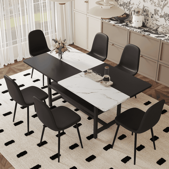 ExtraLco Dining Table Set for 6, Black and White Table with Storage Shelf and 6 Black Upholstered Chairs
