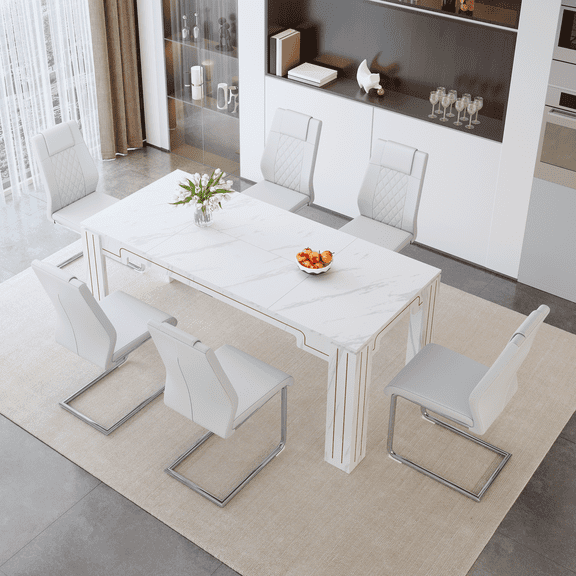 ExtraLco Dining Table Set for 6, White Marble MDF Table with 6 White PU Chairs for Dining Room