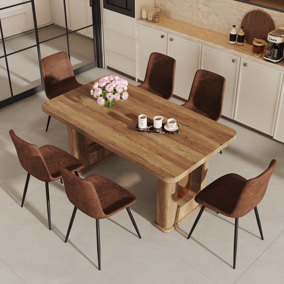 ExtraLco Dining Table Set for 6, Wood Grain Table with 6 Brown Fabric Chairs for Kitchen Dining Room