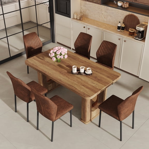 ExtraLco Dining Table Set for 6, Wood Grain Table with 6 Brown Fabric Chairs for Kitchen Dining Room