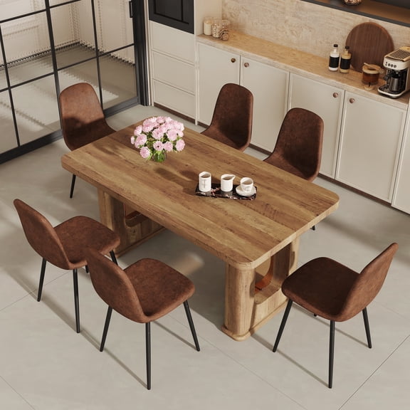 ExtraLco Dining Table Set for 6, Wood Grain Table with 6 Brown Fabric Chairs for Kitchen Dining Room