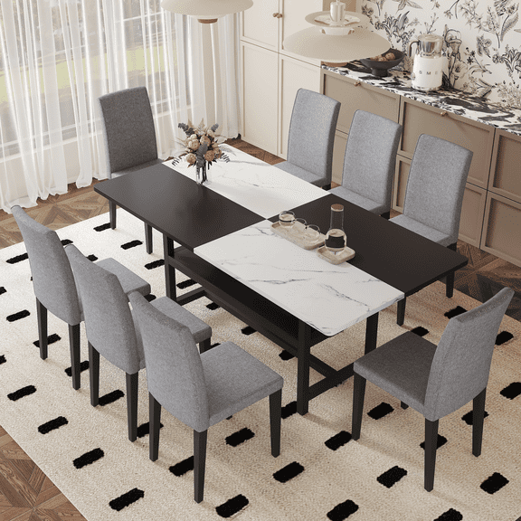 ExtraLco Dining Table Set for 8, Black and White MDF Table with Storage Shelf and 8 Upholstered Chairs for Dining Room