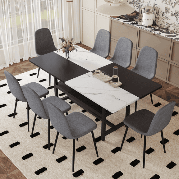 ExtraLco Dining Table Set for 8, Black and White Table with Storage Shelf and 8 Upholstered Chairs