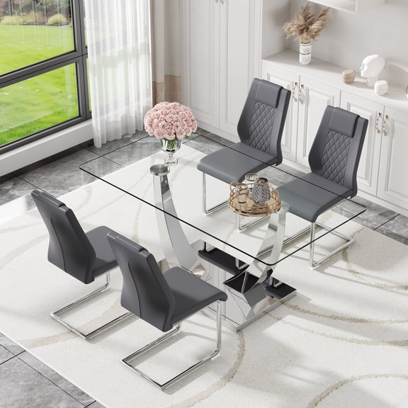 ExtraLco Glass Dining Table Set for 4, 63 Inch Silver V-Leg Table with 4 Dark Gray PU Chairs