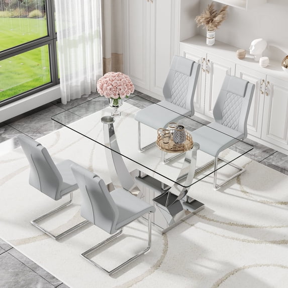 ExtraLco Glass Dining Table Set for 4, 63 Inch Silver V-Leg Table with 4 Light Gray PU Chairs