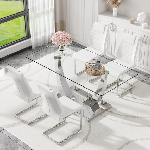 ExtraLco Glass Dining Table Set for 4, 63 Inch Silver V-Leg Table with 4 White PU Chairs