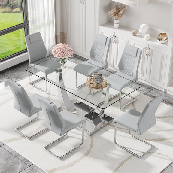 ExtraLco Glass Dining Table Set for 6, 63 Inch Silver V-Leg Table with 6 Light Gray PU Chairs