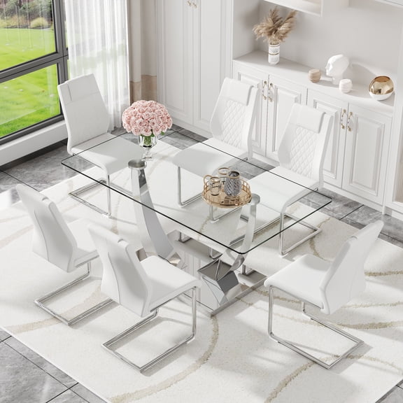 ExtraLco Glass Dining Table Set for 6, 63 Inch Silver V-Leg Table with 6 White PU Chairs