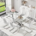 thumbnail image 1 of ExtraLco Glass Dining Table Set for 6, 63 Inch Silver V-Leg Table with 6 White PU Chairs, 1 of 10