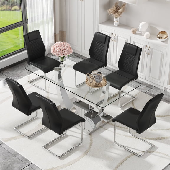 ExtraLco Glass Dining Table Set for 6, 63 Inch Table with Silver Chrome Base and Black PU Chairs