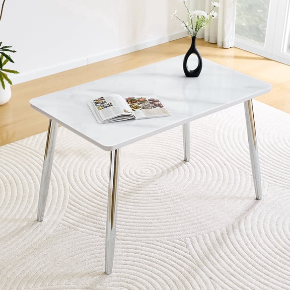 ExtraLco Modern Rectangular Dining Table for 4–6, Faux Marble Tempered Glass Dining Table with Silver Metal Legs