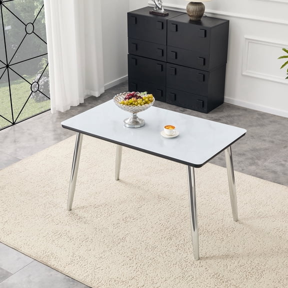 ExtraLco Modern Rectangular Dining Table for 4–6, Faux Marble Tempered Glass Dining Table with Silver Metal Legs