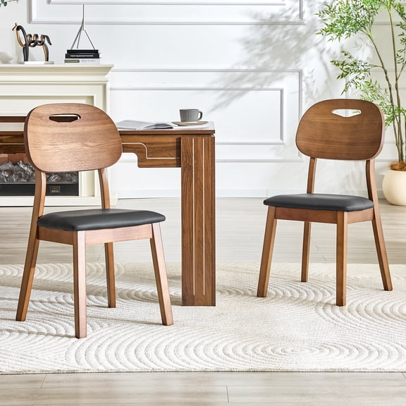 ExtraLco Set of 2 Walnut Solid Wood Dining Chairs, Gray Fabric Upholstered Seat with Hollow Backrest for Kitchen Dining Room