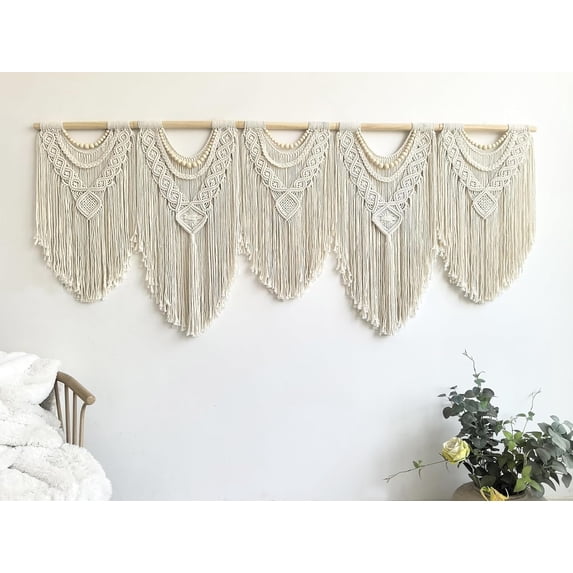 Extral Large macrame wall hanging, 71'' W x 32'' L boho wall art tapestry wall decor for urban entryway, headboard woven wall art, big fiber art over couch art for Yarn hallway (Wood Bead-B)