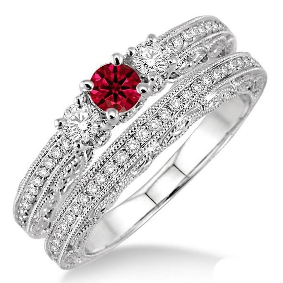Extraordinary Fantastic Mind Blowing Moissanite Diamond 2.25 Carat Round Cut Ruby Antique Bridal Set on 10k White Gold