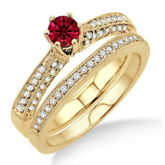Extraordinary Fantastic Mind Blowing Moissanite Diamond 2.25 Carat Ruby Antique Bridal Set Round Cut Engagement Ring on 10k Yellow Gold