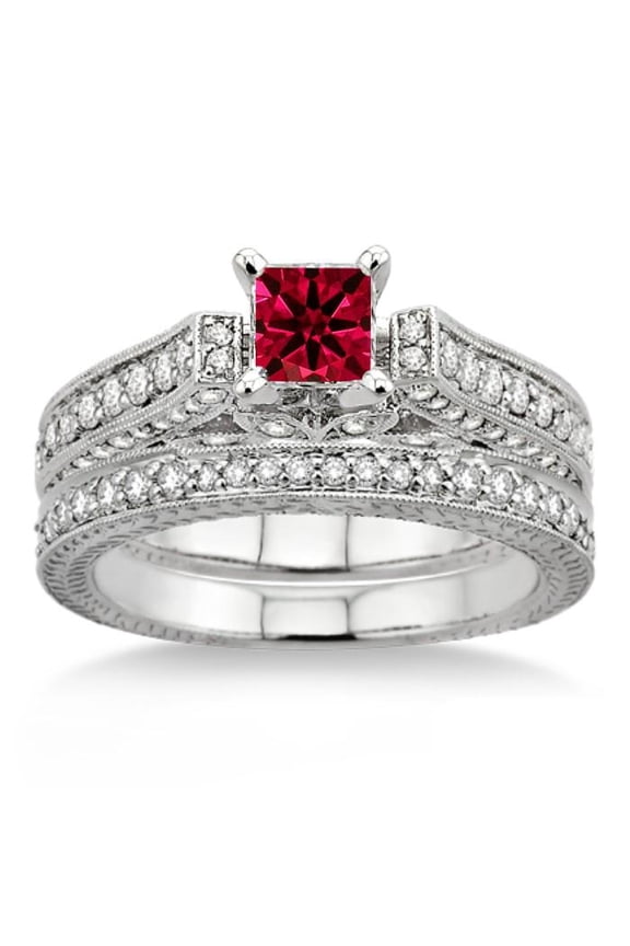 Extraordinary Fantastic Mind Blowing Moissanite Diamond 2.75 Carat Princess Cut Red Ruby Antique Bridal Set Engagement Ring on 10k White Gold