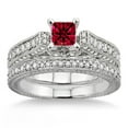 thumbnail image 1 of Extraordinary Fantastic Mind Blowing Moissanite Diamond 2.75 Carat Princess Cut Red Ruby Antique Bridal Set Engagement Ring on 10k White Gold, 1 of 2