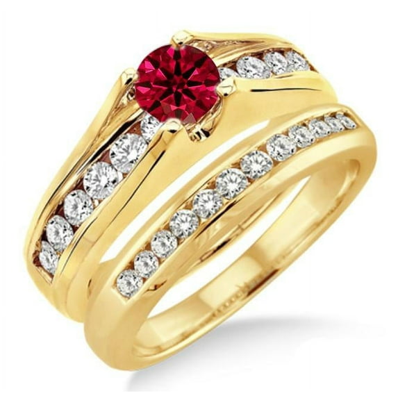 Extraordinary Fantastic Mind Blowing Moissanite Diamond 2 Carat Round Cut Red Ruby Engagement Ring Bridal Set on 10k Yellow Gold