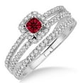 thumbnail image 1 of Extraordinary Fantastic Mind Blowing Moissanite Diamond 3 Carat Red Ruby Princess Cut Bridal Set Two Row Halo on 10k Yellow Gold, 1 of 2