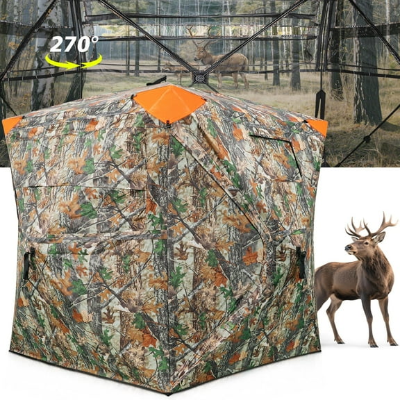 Extrat Large Hunting Blind with Two Doors, 270/360 Degree See Through Deer Blind  for Hunting, Silent Door, Blaze Orange Safety Panels, Deer/Turkey Ground Blind