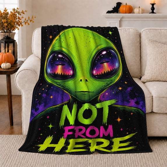 Extraterrestrial Alien Head Cosmic Nebula, Playful Woodland Scene, Warm Flannel Blanket for Cabin and Lodge, Celestial Art Lovers Housewarming Gift, Fantasy Home Decor