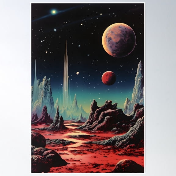 Extraterrestrial Landscape Of Uncharted Planet Surface, Planets And Shining Stars Poster Wall Art, Modern Wall Decor, 16x24 UNFRAMED