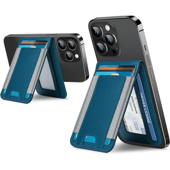 ExtreLife Magsafe Card Holder, Magnetic Wallet Compatible for iPhone 16/15/14/13/12 Series, Phone Wallet with Adjustable Stand, Blue Gray