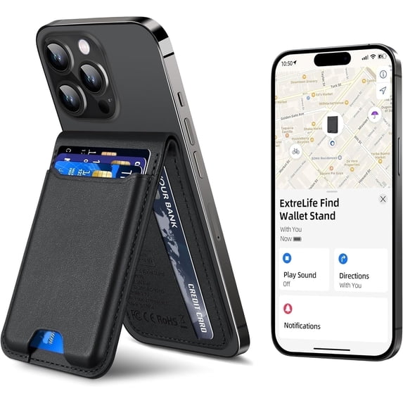 ExtreLife Magnetic Wallet with Find My, Magnetic Wallet with Adjustable Phone Stand Compatible for iPhone 17/16/15/14/13/12 Series, RFID Leather Card Holder