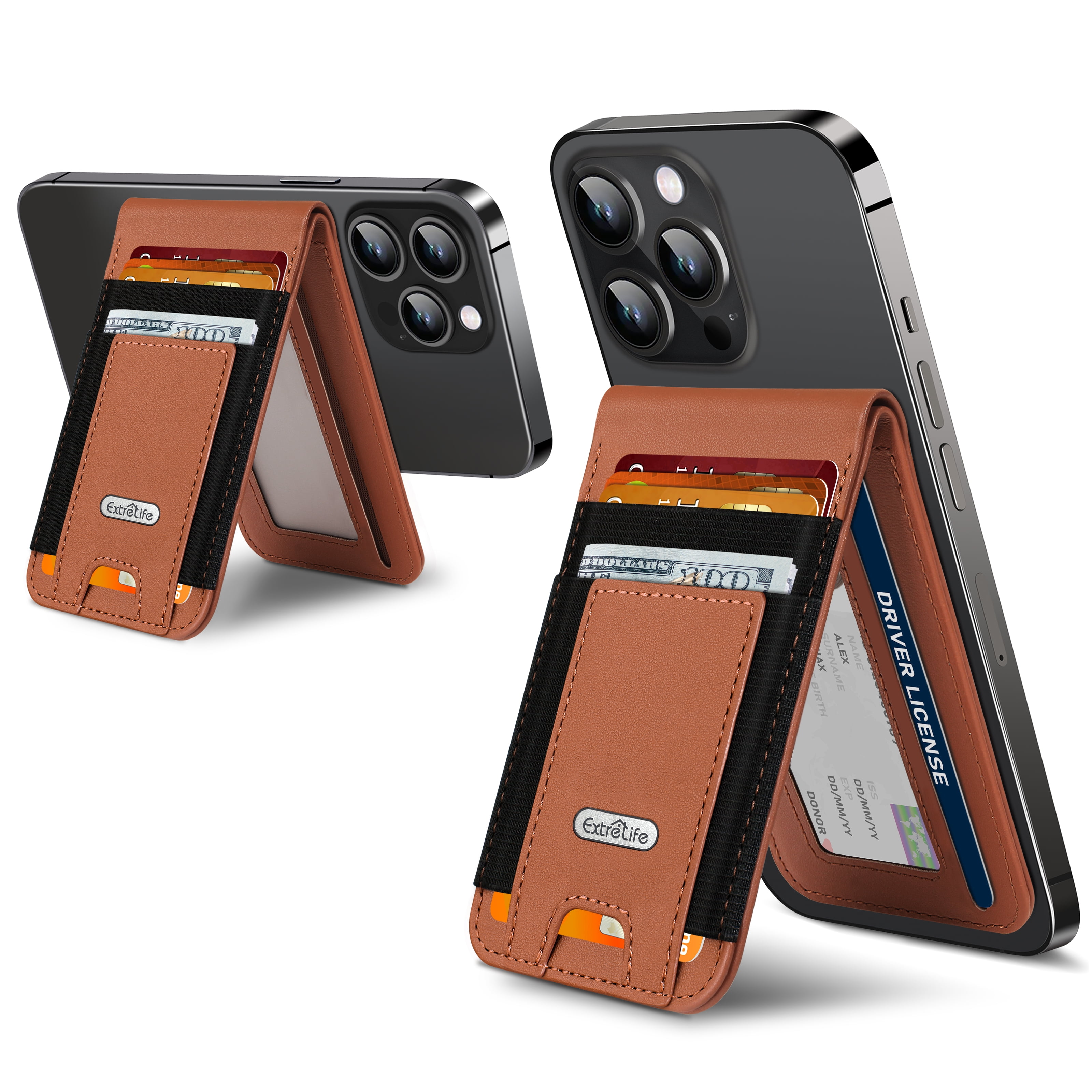 ExtreLife Magnetic Phone Wallet Stand, Magnetic Card Holder Compatible for iPhone 17/16/15/14/13/12 Series, Genuine Leather, RFID Blocking, Fits 9 Cards